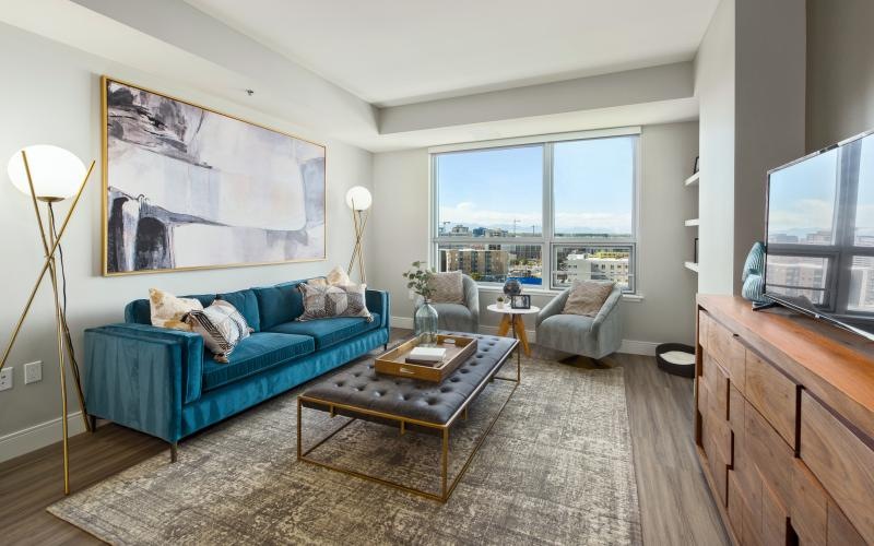 a living room with a large window