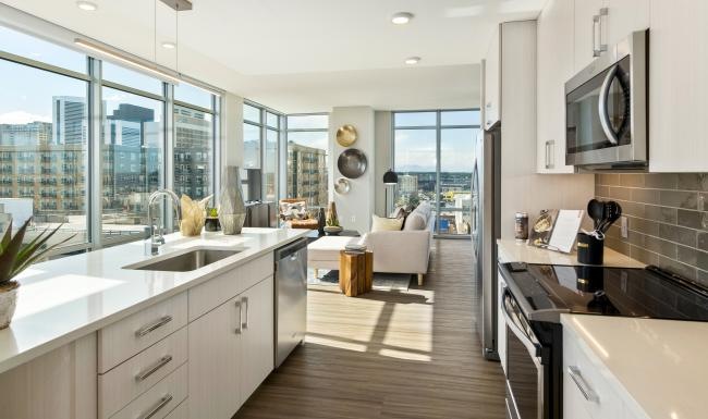 a kitchen with a large window